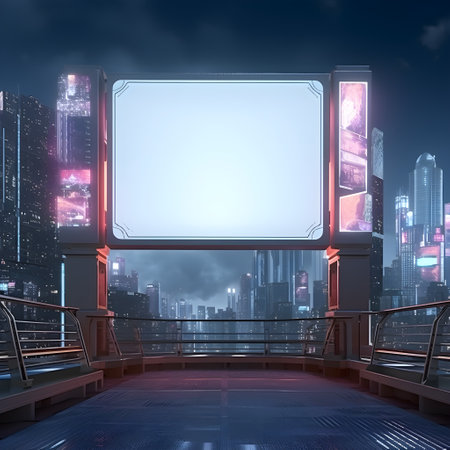A blank billboard amidst the hustle and bustle of a futuristic metropolisの素材