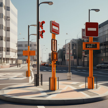 Signposts guiding pedestrians at busy intersectionsの素材