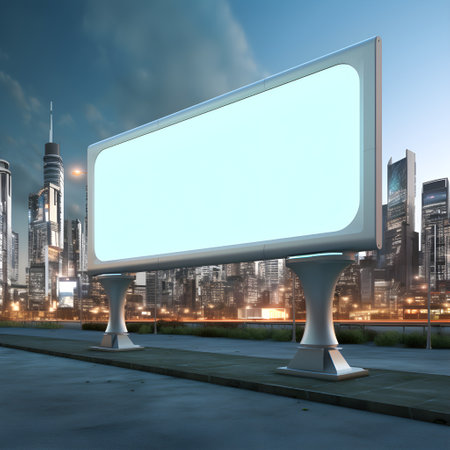 Vibrant urban landscape behind a blank billboardの素材