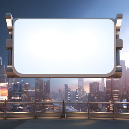 Empty billboard against a backdrop of a futuristic cityの素材