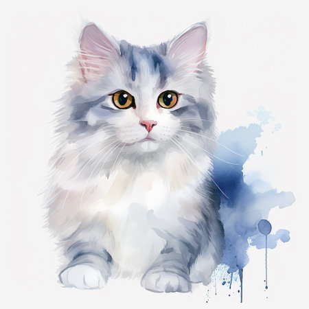 Whimsical Watercolor Cat Drawing on a White Canvasのイラスト素材