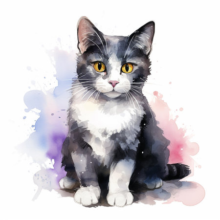 Whimsical Watercolor Cat Drawing on a White Canvasのイラスト素材
