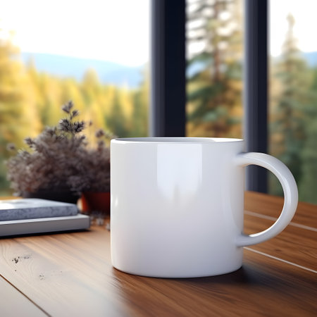 Mockup featuring a mug with tastefully integrated and professional workspace additionsの素材