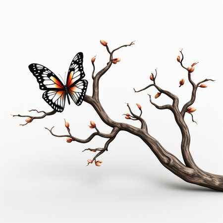 Butterfly on a branch with flowers. 3D illustration.の素材