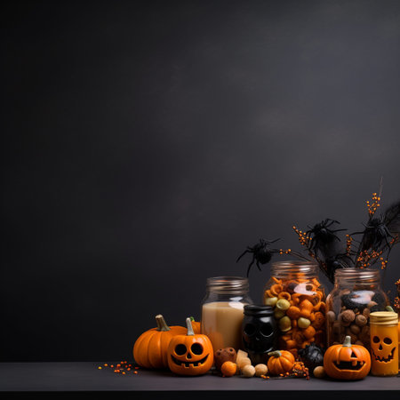 Halloween background with pumpkins, spiders and candies on black tableの素材