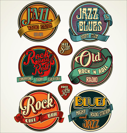 Rock jazz and blues retro vintage badges and labels collectionのイラスト素材