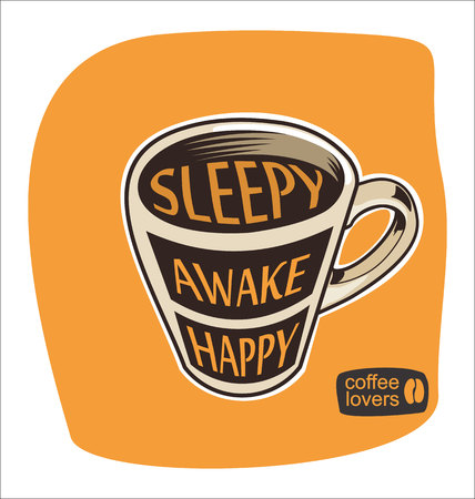 Sleepy awake happy cup of coffee illustrationのイラスト素材