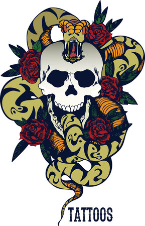 Skull with snake and five roses tattooのイラスト素材