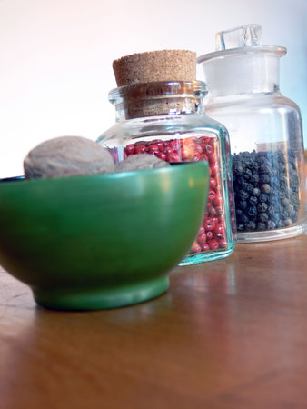 spices: nutmegs, red peppercorn and red peppercornの写真素材
