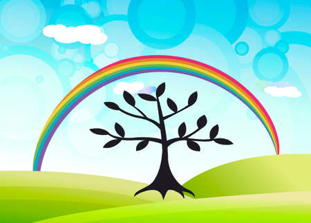 country landscape with tree and rainbowのイラスト素材