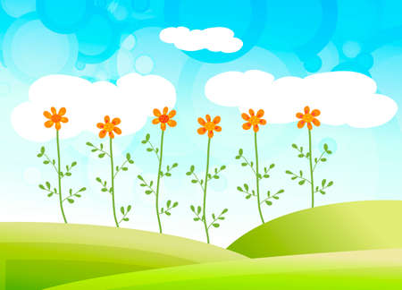 illustration of flowewrs in a country landscapeのイラスト素材