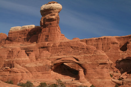 View of the red rock formations in Arches National Park with blue sky’s
