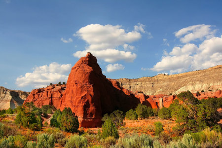 View of the red rock formations in Kodachrome Basin with blue skys and cloudsの写真素材