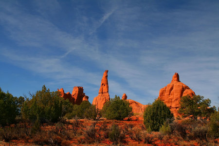 View of the red rock formations in Kodachrome Basin with blue skys and cloudsの写真素材