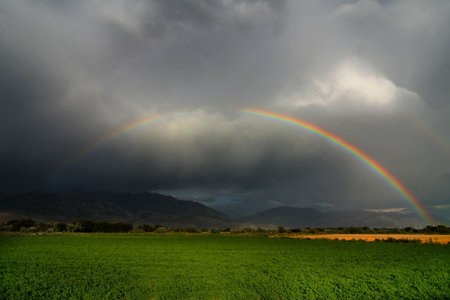 Wide angle view of a farm with a rainbowの写真素材