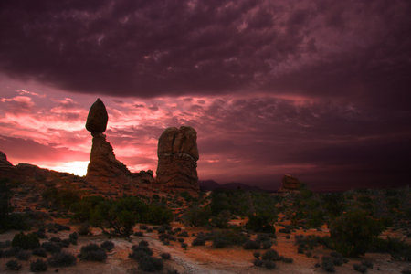 View of the red rock formations in Arches National Park with blue skys の写真素材