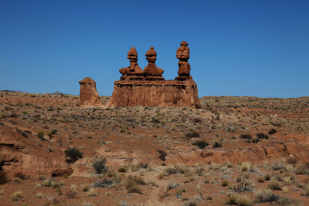 View of red rock formations in San Rafael Swell with blue sky’s 