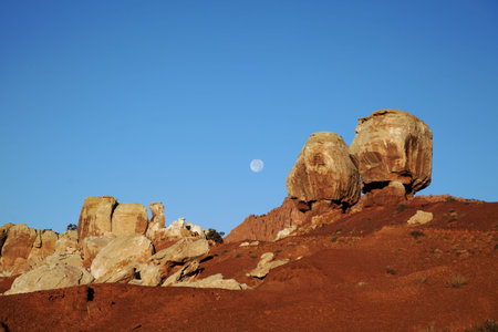 View of the red rock formations in Capitol Reef  National Park with blue skysの写真素材