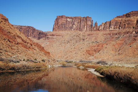 View of the red rock formations in  Canyonlands National Park with blue skysの写真素材