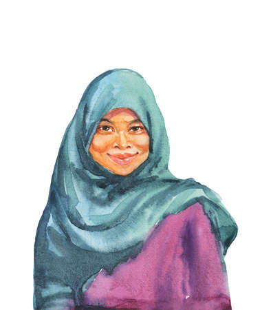 Hand drawn asian muslim woman in traditional clothing. Watercolor portrait of smiling lady. Painting isolated illustration on white backgroundの写真素材