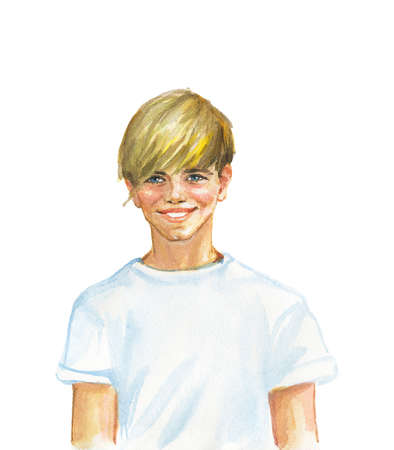 Hand drawn smiling european boy. Watercolor realistic child portrait. Painting isolated illustration on white backgroundの写真素材