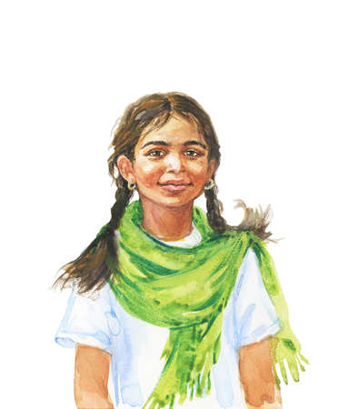 Hand drawn smiling indian girl in traditional clothing. Watercolor realistic teenager portrait. Painting isolated illustration on white backgroundの写真素材