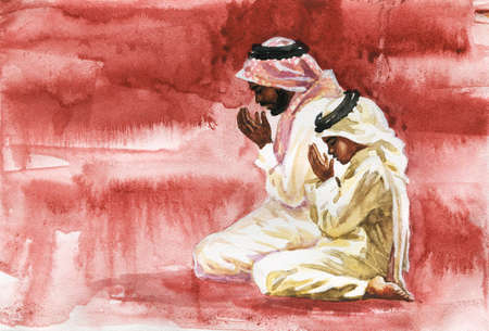 Watercolor portrait of man with son praying namaz. Hand drawn muslim illustrationの写真素材
