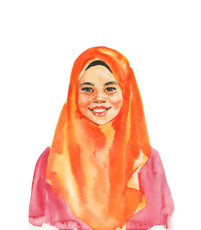 Watercolor asian muslim girl. Hand drawn realistic portrait. Painting isolated illustration on white backgroundの写真素材