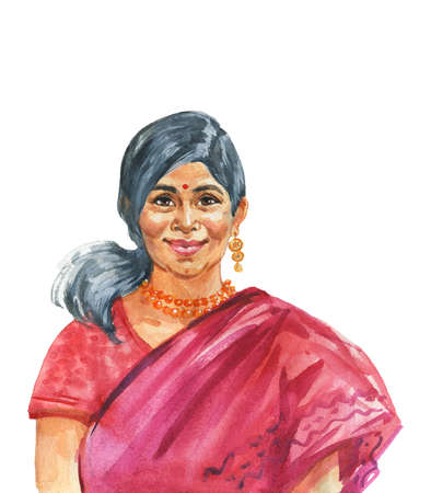 Hand drawn indian woman in traditional clothing. Watercolor portrait of smiling lady. Painting isolated illustration on white backgroundの写真素材
