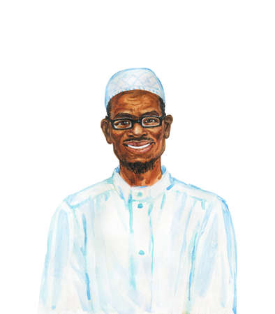 Hand drawn african muslim man. Watercolor portrait of smiling aged human. Painting isolated illustration on white backgroundの写真素材