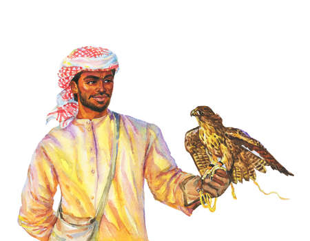 Painting arabian man with falcon. Watercolor realistic portrait on white backgroundの写真素材