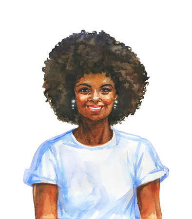 Painting smiling african woman. Hand drawn realistic female portrait. Watercolor illustration on white backgroundの写真素材