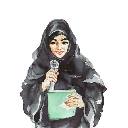 Hand drawn arabian speaker business woman. Watercolor portrait of modern and free muslim lady, student, teacher. Sketching feminist illustration on white backgroundの写真素材