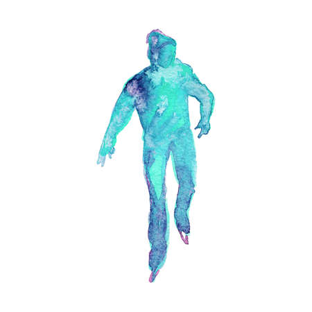 Watercolor skating young man silhouette. Hand drawn teenager on the rink. Painting abstract boy, isolated illustration on white backgroundの写真素材