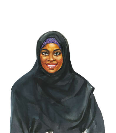 Hand drawn african muslim woman. Watercolor realistic portrait of smiling lady in hijab. Painting isolated illustration on white backgroundの写真素材