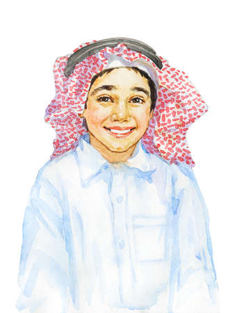 Hand drawn smiling arabian boy. Watercolor realistic child portrait. Painting isolated illustration on white backgroundの写真素材