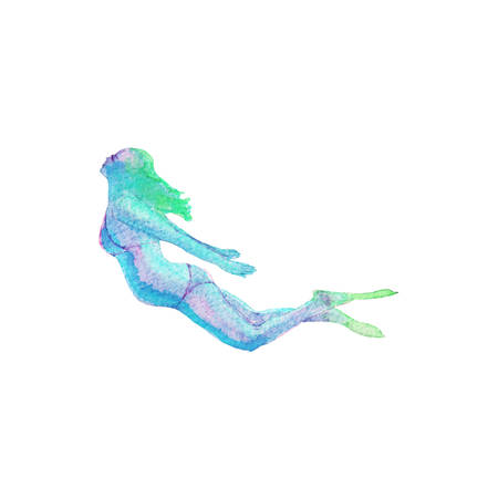 Watercolor swimming pregnant woman. Hand drawn floating silhouette. Painting abstract isolated illustration on white backgroundの写真素材