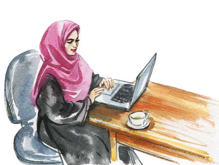 Hand drawn arabian woman working on laptop. Watercolor portrait of modern and free muslim lady. Painting feminist illustration on white backgroundの写真素材
