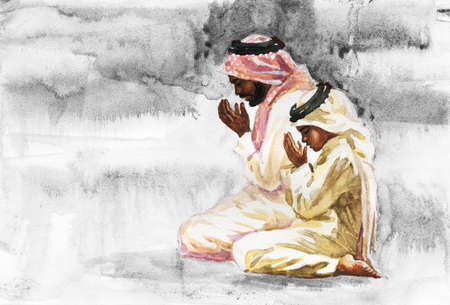 Watercolor man and boy praying namaz. Hand drawn Ramadan Kareem illustration. Painting father and sonの写真素材