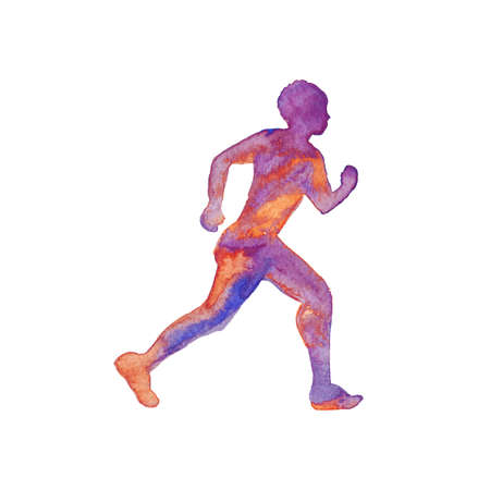 Watercolor silhouette of running man. Hand drawn sportsman on white background. Painting abstract isolated illustrationの写真素材