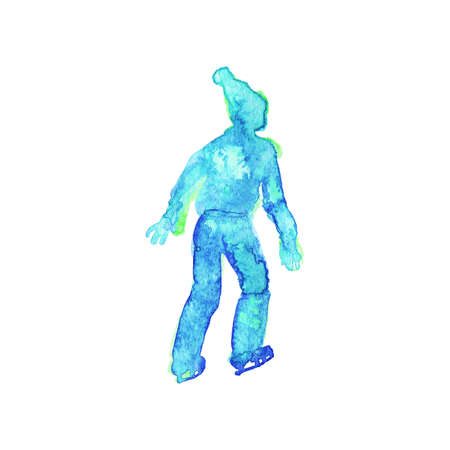 Watercolor skating boy silhouette. Hand drawn teenager on the rink. Painting abstract kid, isolated illustration on white backgroundの写真素材