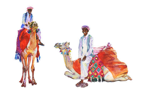 Watercolor set of arabian men and camels. Hand drawn isolated illustration on white backgroundの写真素材