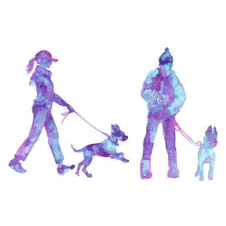 Watercolor silhouette of walking couple with dog. Hand drawn people and pets on white background. Painting isolated illustrationの写真素材