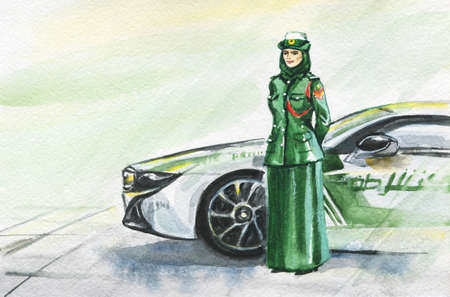 Hand drawn arabian woman policeman. Watercolor portrait of modern and free muslim lady. Sketching feminist illustrationの写真素材