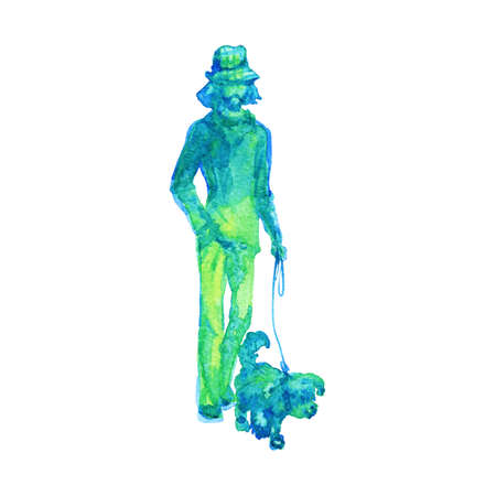 Watercolor silhouette of walking man with dog. Hand drawn hipster on white background. Painting isolated illustrationの写真素材