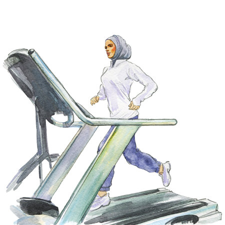 Hand drawn arabian woman in gym. Watercolor portrait of modern and free muslim lady. Sketching...