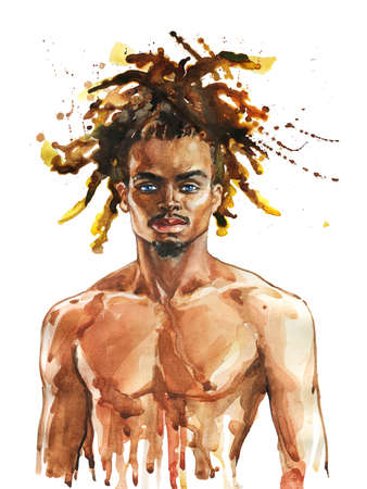 Watercolor handsome african man. Painting fashion illustration. Hand drawn portrait of muscular sexy guy on white backgroundの写真素材