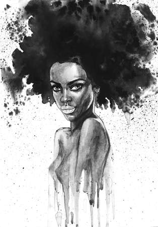 Watercolor beauty african woman. Painting monochrome fashion illustration with splashes. Hand drawn portrait of pretty girl on white backgroundの写真素材