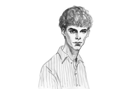 Watercolor handsome curly man. Hand drawn monochrome portrait of boy. Painting fashion illustration on white backgroundの写真素材