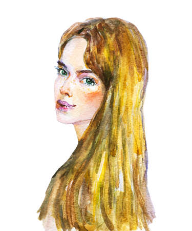 Watercolor beauty young lady. Hand drawn portrait of blondie woman. Painting fashion illustration on white backgroundの写真素材